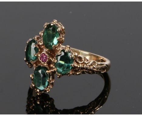 9 carat gold ruby and tourmaline set ring, with a ruby to the head and tourmaline surround, ring size N