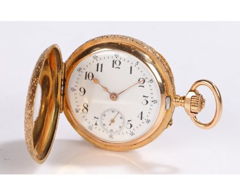 18 carat gold and enamel decorated half hunter pocket watch, the blue enamel outer case with white roman numerals, the caseba