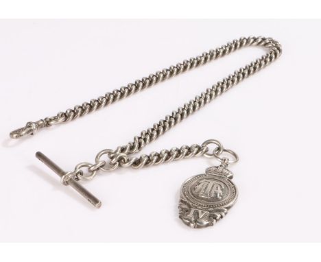 George V silver watch chain, Birmingham 1914, maker William Walter Cashmore, with clip end, T bar and Army Temperance Associa