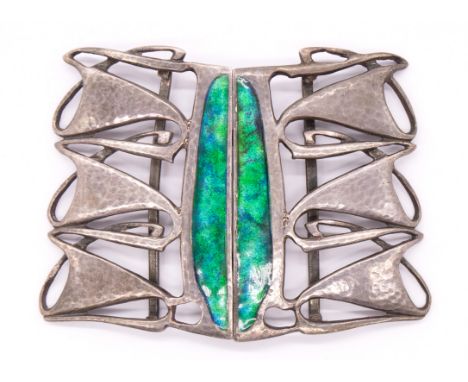Liberty & Co: a Cymric silver and enamel belt buckle by Archibald Knox, comprising sinuous stylized motifs with green enamel 