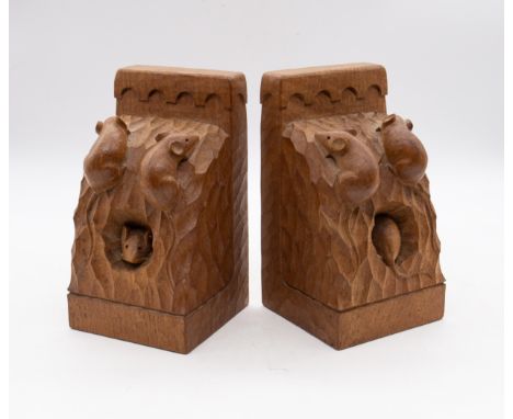Robert 'Mouseman' Thompson of Kilburn - A pair of triple mouse bookends, with two mice to adzed area and one other mouse bury