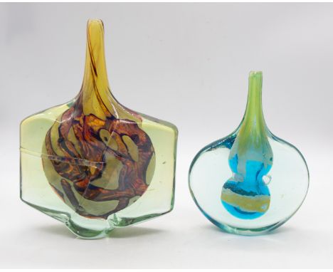 Mdina Glass - A large 1970s mixed coloured glass axe shaped vase, with brown and yellow coloured glass inside green, marked "