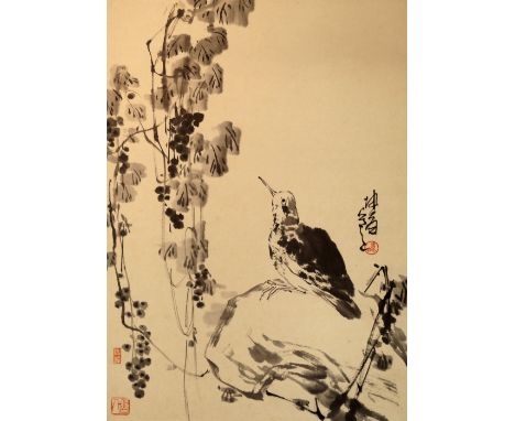 A Chinese scroll picture, decorated with birds and grapes, signed in script and three red seals, 66 cm high, 45 cm wide.