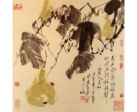 A Chinese scroll picture, decorated with ladybird gourds and leaves, signed in script, bears nine red seals, 65 cm high, 64 c