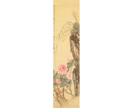 A Chinese scroll picture, 19th century decorated with orchid flowers and peony, with rock work, signed in script and red seal