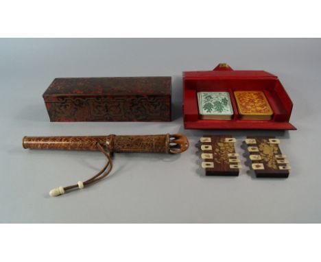 A French boullework rectangular box, 19th century, the interior filled with needles and sewing tools, 24cm wide, together wit