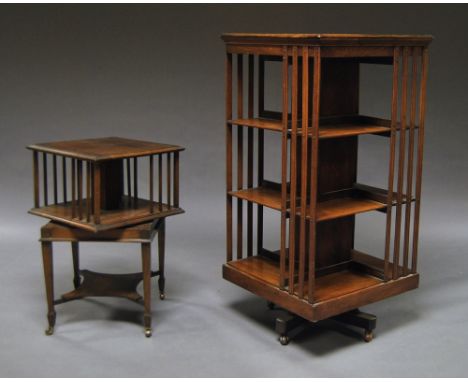 An Edwardian mahogany revolving bookcase, with three shelves, 116 cm high x 57 cm square; together with an Edwardian mahogany