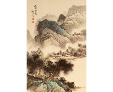 A Chinese scroll picture, manner of Zhang Daqian, decorated with landscape scene, signed in script and two red seal, 67 cm hi