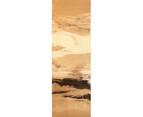 A Chinese scroll picture, after Li Yong Cun, decorated with a landscape, signed in script and red seal, 114 cm high, 32 cm wi