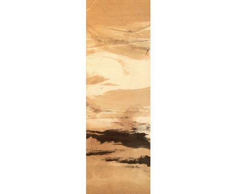 A Chinese scroll picture, after Li Yong Cun, decorated with a landscape, signed in script and red seal, 114 cm high, 32 cm wi