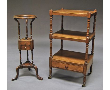A Victorian mahogany three tier whatnot, single long drawer, raised on castors, 94 cm high x 51 cm wide x 40 cm deep; togethe