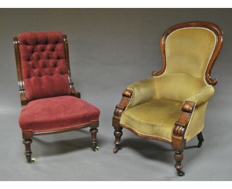 A Victorian mahogany button back nursing chair, raised on turned legs; together with another Victorian mahogany chair, (2). 