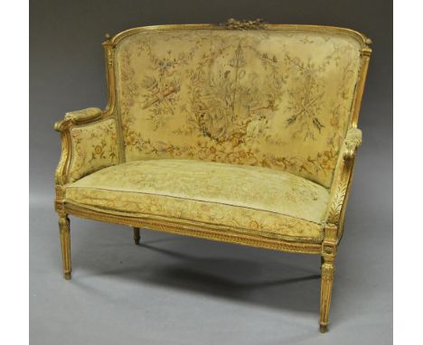 A French carved gilt wood and figural tapestry two seater canape, 19th century, acanthus leaf and floral motif decorated, rai