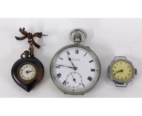 An early 20th century H Samuel pocket watch, together with a vintage chrome plated ladies watch, and an Edwardian fob watch L