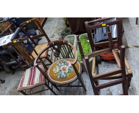 A mixed lot of chairs and other small furniture to include an Edwardian inlaid mahogany salon armchair with tapestry seat, a 