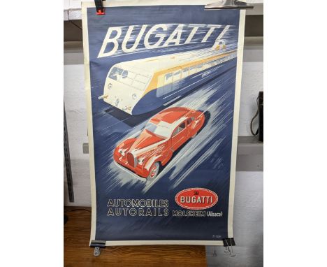 A 1980s reproduction of a Bugatti advertising poster limited edition, bears the signatures R Geri, also A P stamped on the re