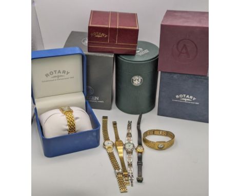 Mixed ladies wristwatches and watch boxes to include a Rotary watch with box and others, a Citizen Eco-Drive watch box and ot
