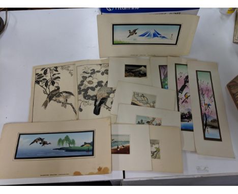 Twelve unframed oriental artists, one of a landscape and eleven depicting birds,&nbsp;and an unframed watercolour depicting a