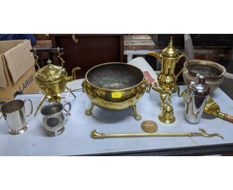 Mixed brass, silver plate and pewter to include a Victorian brass tea kettle on stand, circular bowl planter on three cast pa