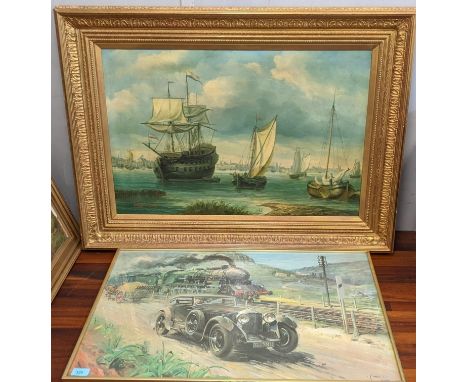 William Condoy - a harbour scene with a galleon and boats, port, oil on canvas 50cm x 76 cm, a Cuneo print, K. Kilbry - a loc