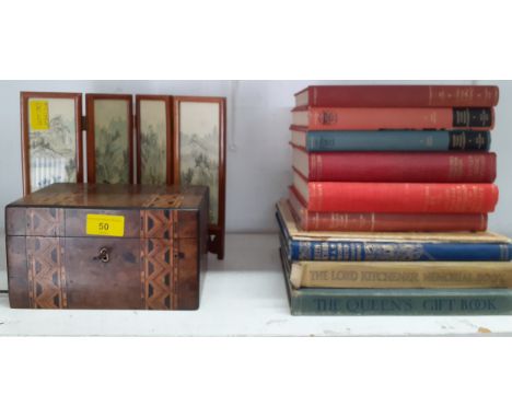 A late 19th century marquetry and walnut cased tea caddy together with a small Japanese table top screen and a quantity of ha