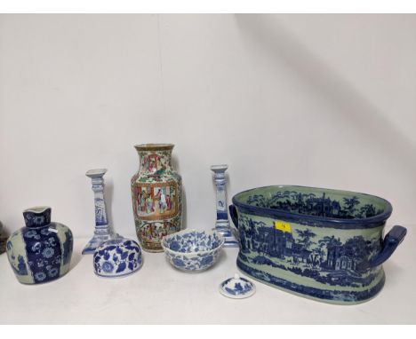 A selection of modern and reproduction Chinese blue and white ceramics to include a footbath/planter and a later 19th Chinese