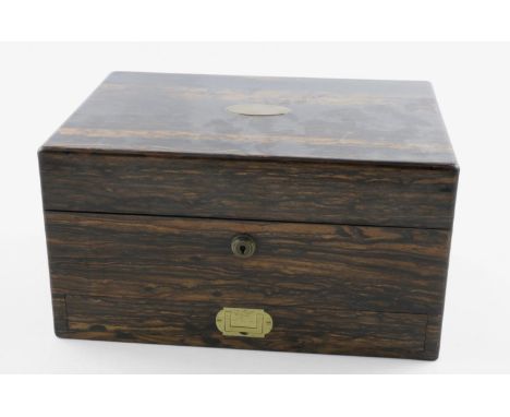A VICTORIAN COROMANDEL TOILET BOX BY MECHI. fitted with cut glass mounted bottles and jars, (two with engraved decoration), b
