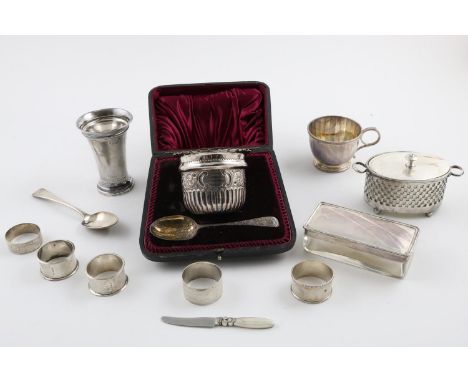 A MIXED LOT:-. a Victorian embossed christening bowl and spoon, in fitted case, inscribed,  together with a George III desser