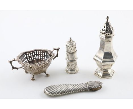 A MIXED LOT:-. a George V sugar caster, a Victorian handle (loaded), an Edwardian pierced sugar bowl (lacking liner) and a la