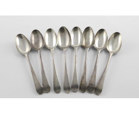 A SET OF EIGHT GEORGE III OLD ENGLISH PATTERN TABLE SPOONS. crested, by James Tookey, London 1767; 20.3oz (8).   **BP: 22.5% 