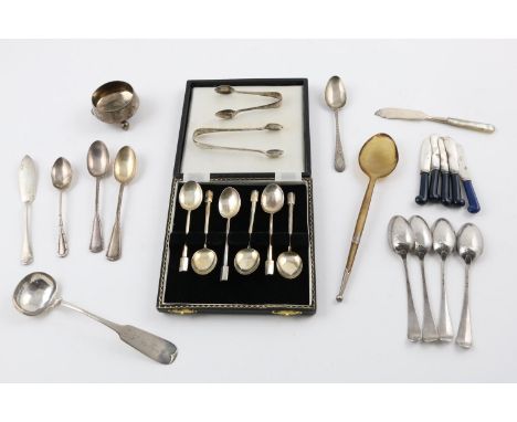 A MIXED LOT:-. a cased set of modern tea/coffee spoons, a pair of French teaspoons, crested, a bright-cut engraved teaspoon, 