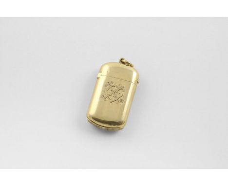 A VICTORIAN 18CT GOLD VESTA CASE. engraved on the front with a monogram and a galleon ship on the reverse, with suspensory ri