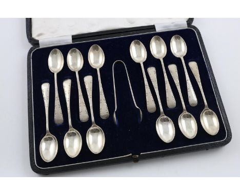 A GEORGE V CASED SET OF TEASPOONS AND MATCHING PAIR OF SUGAR TONGS. by John Sanderson &amp; Son Ltd, Sheffield 1919, in origi