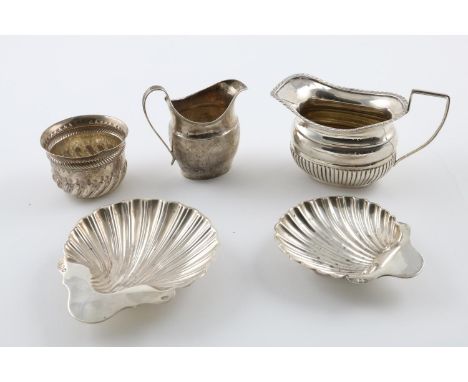 A MIXED LOT:-. a Victorian sugar bowl, inset with a coin and with a wrythen-fluted lower body, two Victorian shell dishes, bo