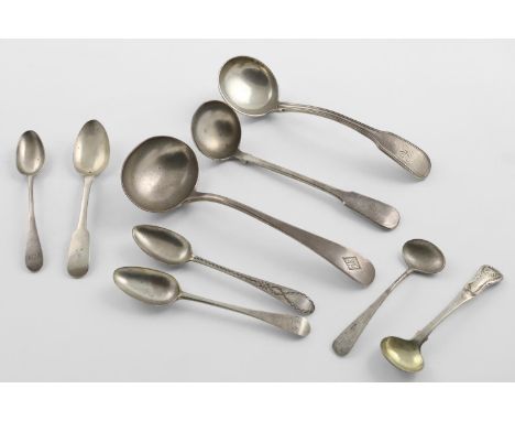 SCOTTISH FLATWARE:-. two sauce ladles, a smaller ladle, four teaspoons and two condiment spoons, most of the above with initi
