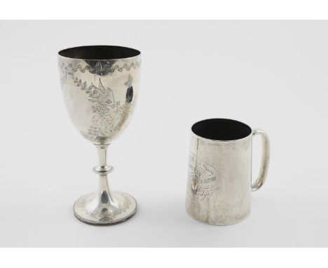 A VICTORIAN ENGRAVED GOBLET. decorated with floral festoons, birds and butterflies, with bead borders, by Charles Stuart Harr