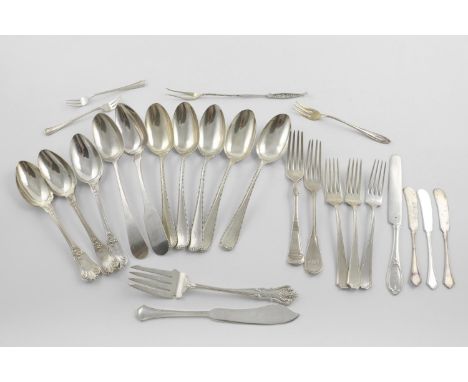 A QUANTITY OF NORTH AMERICAN FLATWARE &amp; CUTLERY:-. 7 table spoons, 2 table forks, 3 dessert forks, a fish serving fork, a