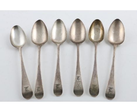 SIX GEORGE III TABLE SPOONS:-. Old English Pattern, London made, 1787-1813, mixed makers, all crested, 12oz (6).   **BP: 22.5