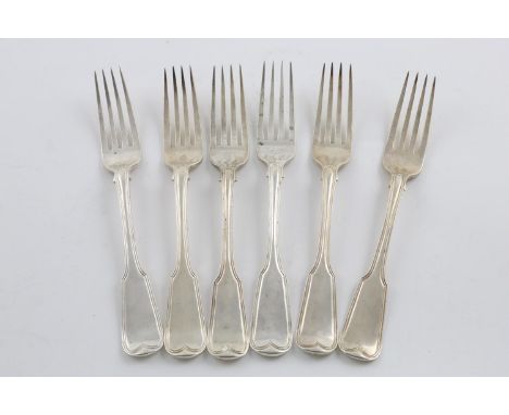 A SET OF SIX GEORGE III IRISH TABLE FORKS. Fiddle and Thread Pattern, monogrammed, maker's mark "IS" probably by James Scott,