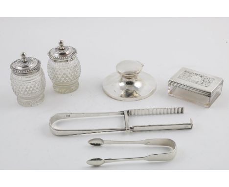 A MIXED LOT:-. a pair of George III servings tongs, crested, a pair of George III sugar tongs, crested, by Robert Rutland, Lo