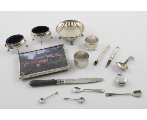 A MIXED LOT:-. a pair of George III oval salts, with bead borders,(blue glass liners), a Victorian sovereign case, crested, a