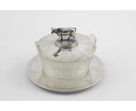 A WILLIAM IV MOUNTED GLASS BUTTER DISH. with a cow finial and a matching circular base, crested, by Edward, Edward junior, Jo