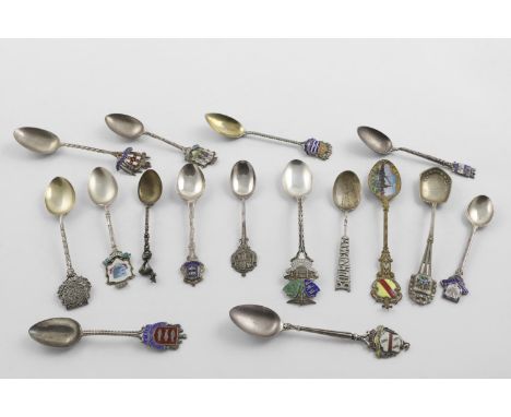 SOUVINIR TEASPOONS:-. most with enamel decoration, from varying places including: Bournemouth, Rotherham, Wimbledon, Strassbu