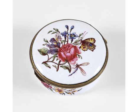 A STAFFORSHIRE ENAMEL SNUFF BOX. white, painted with flowers and insects, with interior cover painted with a portrait, probab