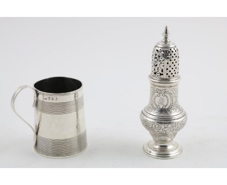 A GEORGE II SUGAR CASTER. of baluster form, with chased foliage and scrolls on a matte ground, crested, maker's mark "?,W", L