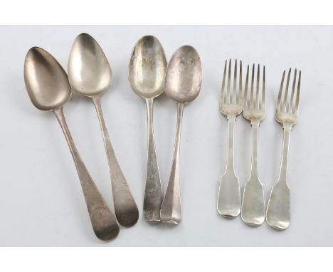 MISCELLANEOUS FLATWARE:-. a set of three York-made Fiddle Pattern forks, crested,  by James Barber, George Cattle II &amp; Wi