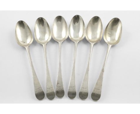 A SET OF SIX GEORGE III TABLE SPOONS. Old English Pattern, crested, by John Lambe, London 1778; 13.2oz (6) *Crest probably of