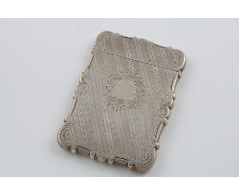 A VICTORIAN CARD CASE. of shaped rectangular form, with engine-turned decoration and an engraved vacant cartouche, by Nathani