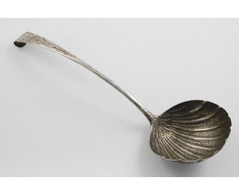 A GEORGE III IRISH HOOK-END SOUP LADLE. with a fluted circular bowl and a chased upper stem, maker's mark "R.L" in an oval (u