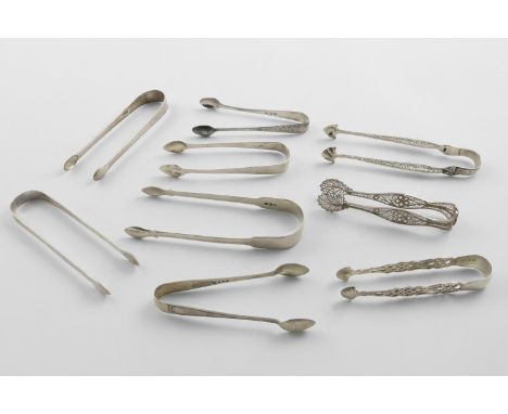 NINE PAIRS OF SUGAR TONGS:-. a George III feather-edge pair, initialled, a Victorian engraved pair, by John Round &amp; Son L